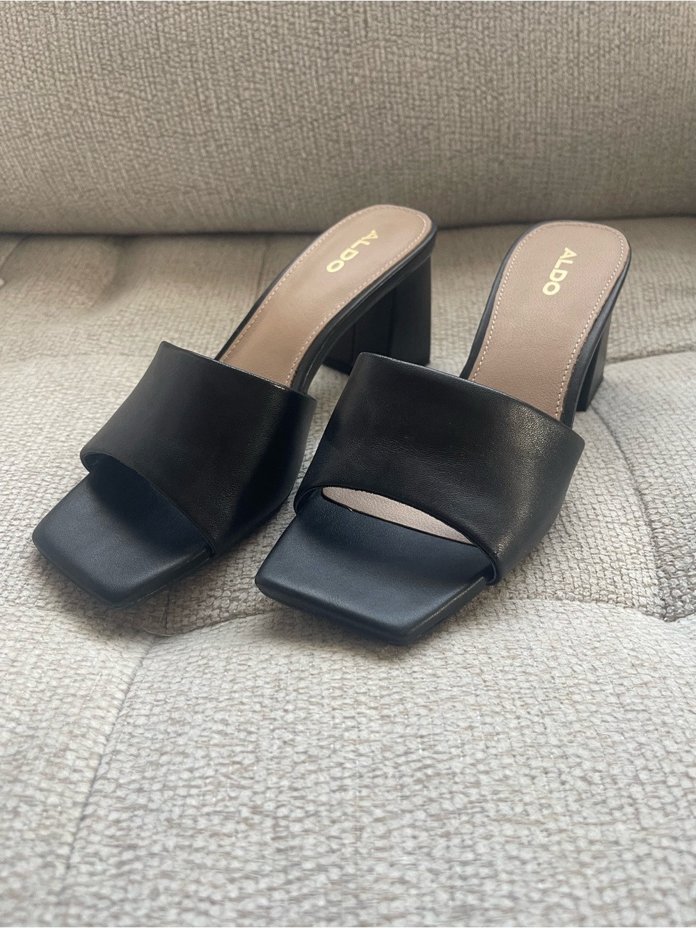 Aldo Black Square Toe Block Heel Mules